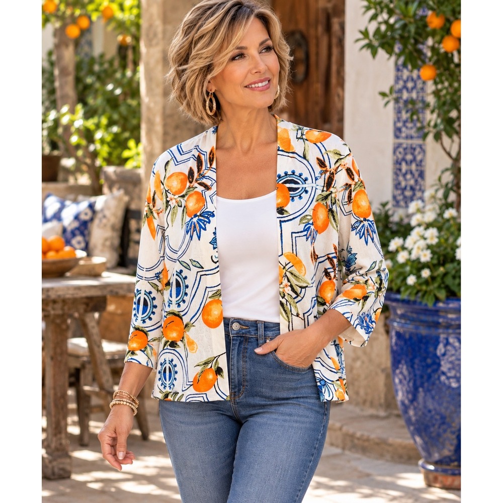 Chico's NWT Size 3 /XL/16 Orange Citrus Print Cardigan Coastal Resort Cotton